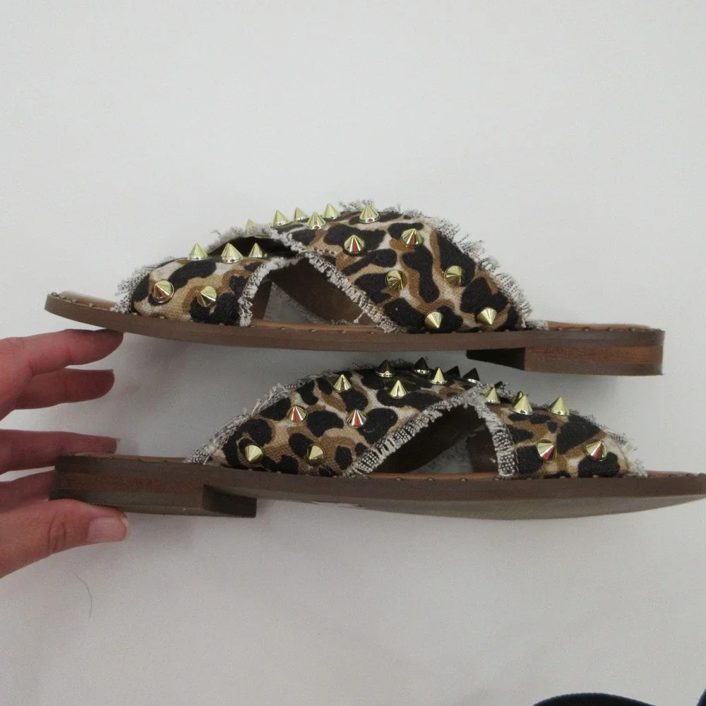 Myra Womens Leopard Print Studded Crisscross Slide Sandals Flat Brown Size 9
